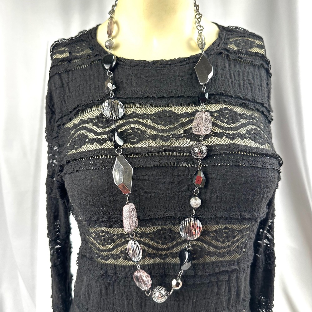 Geometric Mixed Media Beaded Station Necklace Bracelet Set Women OS Black Silver